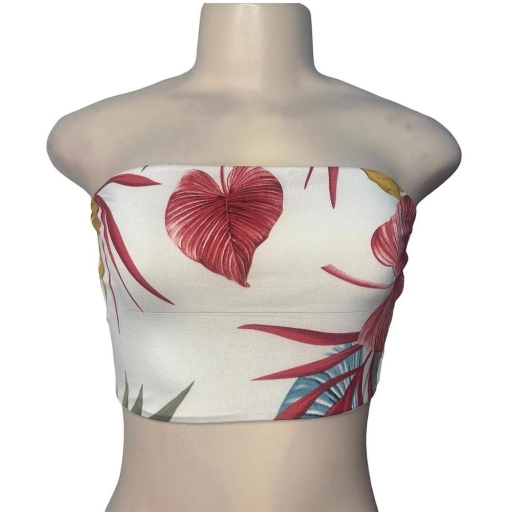 White Tropical Strapless Bandeau Top with Red Leaf Print